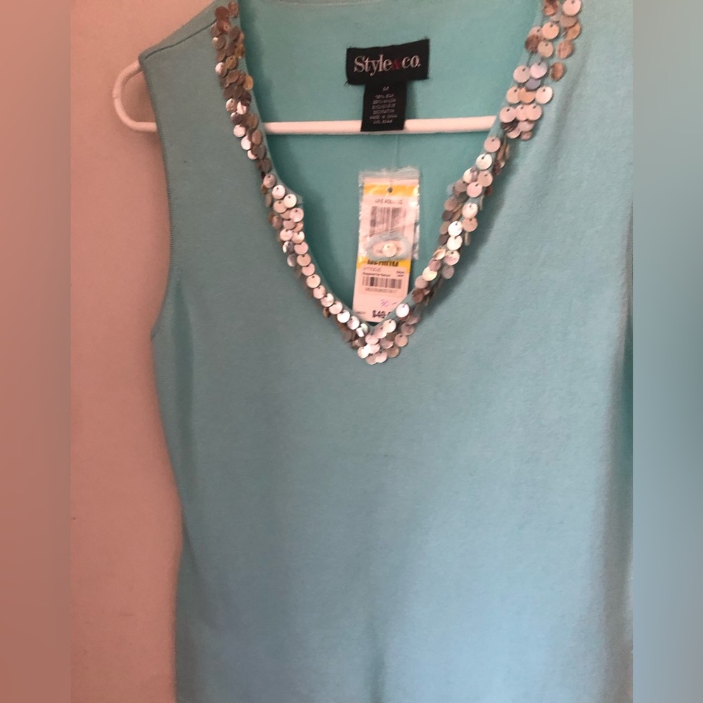 NWT Style and Company Short Sleeve V- neck Top with iridescent beads neckline
